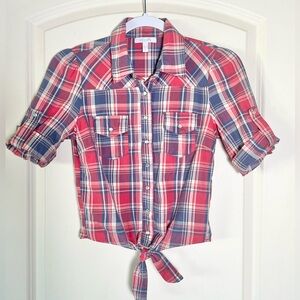 Pearl snap cropped tie front red and blue plaid shirt by Delia*s